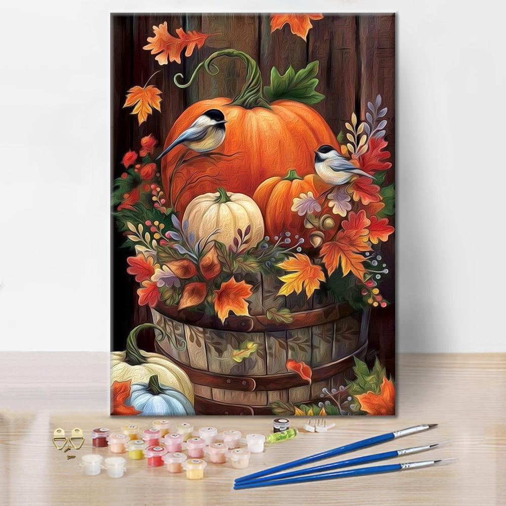 Autumn Pumpkin Bird Leaves - Paint by Numbers