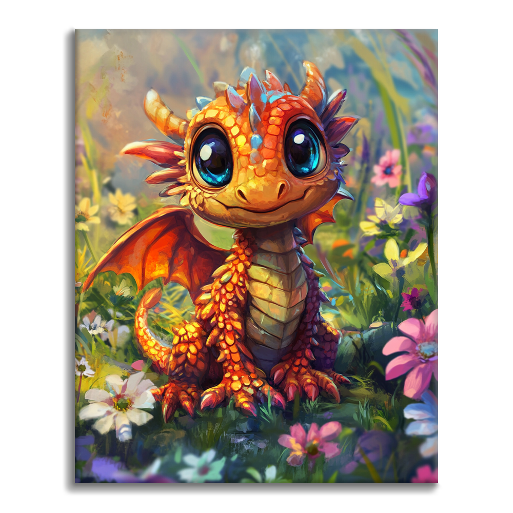 Cheerful Dragon Puppy in Blooming Fields - Paint by Numbers