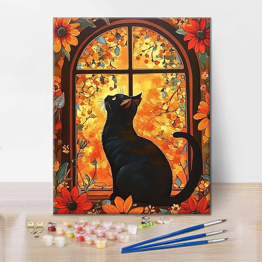 Cat in front of flower window - Paint by Numbers