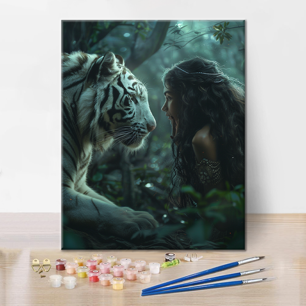 Woman with white tiger - Paint by Numbers