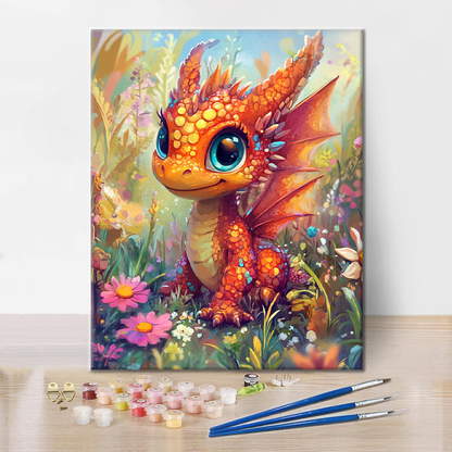 Orange Dragon Puppy in a Flower Wonderland - Paint by Numbers