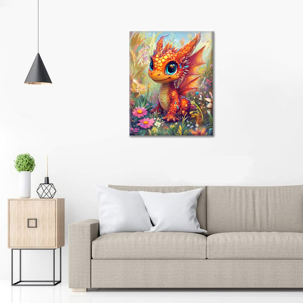 Orange Dragon Puppy in a Flower Wonderland - Paint by Numbers