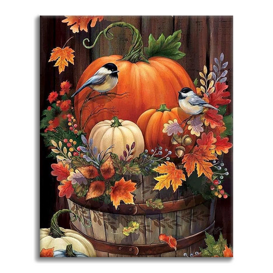 Autumn Pumpkin Bird Leaves - Paint by Numbers